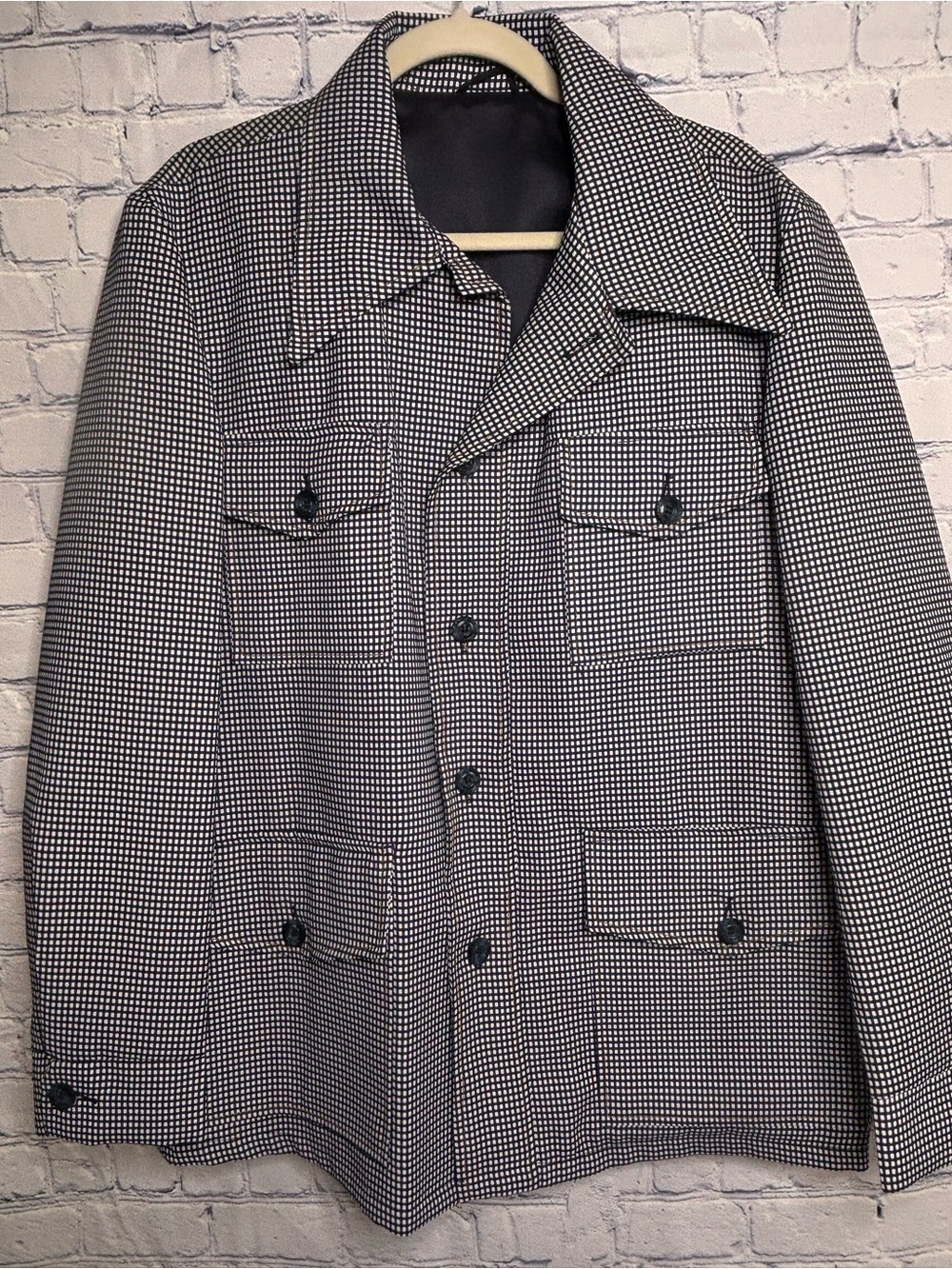 VINTAGE Cedarbrook Navy Blue White Check Rockabilly MCM Mod Leisure Blazer 42R